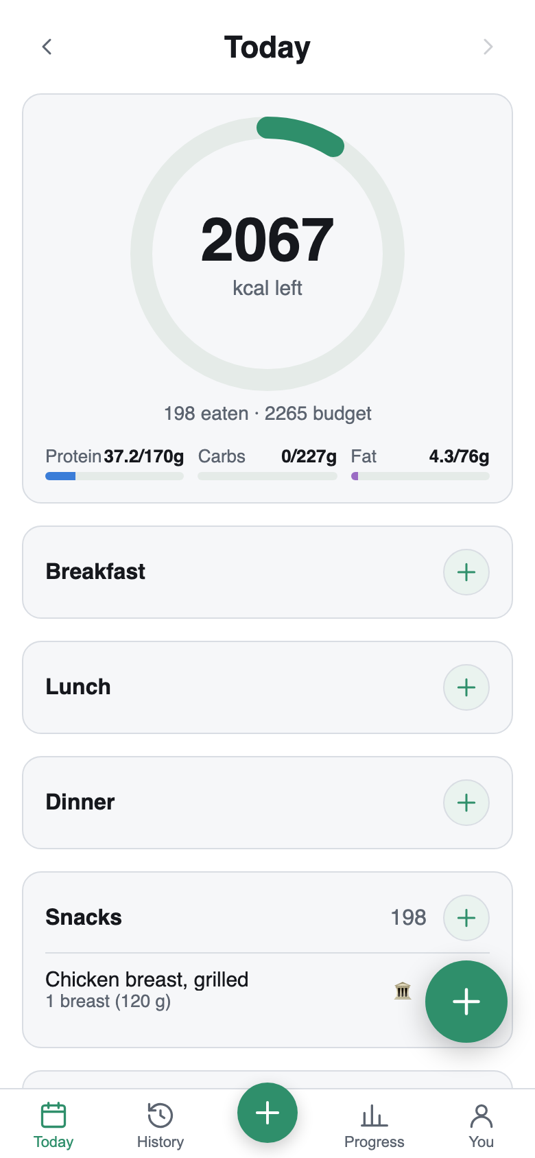 One glance answers โhow am I doing?โ โ budget ring, macros, every meal.